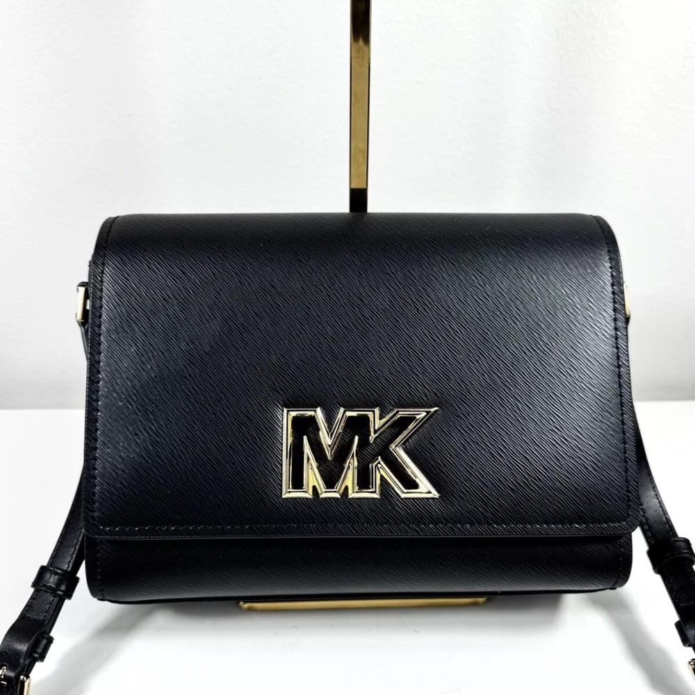 Michael Kors Mimi Medium Leather Crossbody Bag Black Gold NWT - Picture 5 of 9